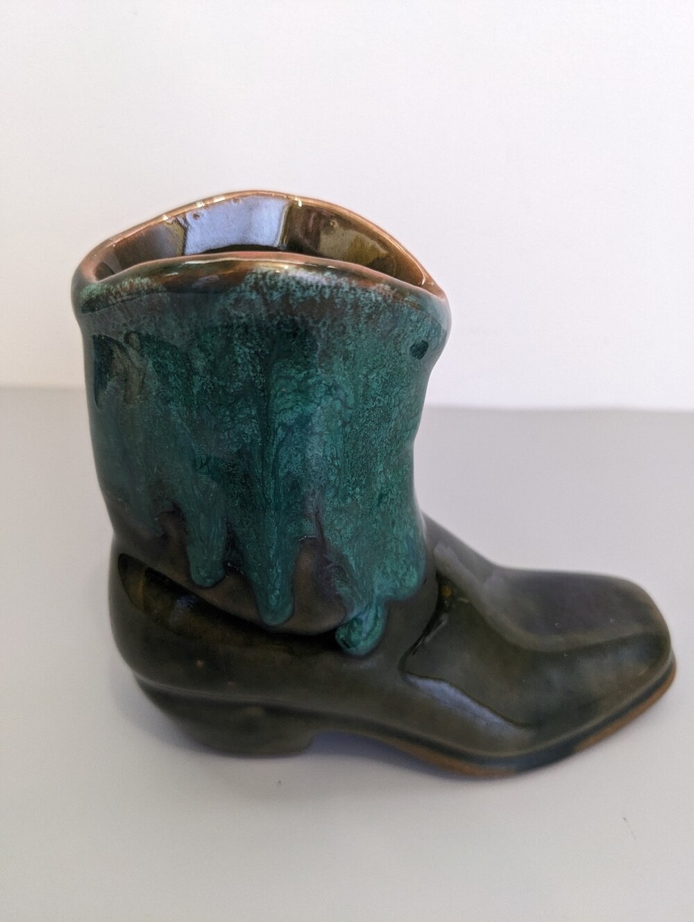 Blue Mountain Pottery Cowboy Boot Vase 1960s 1970s Green Drip Glaze Canada